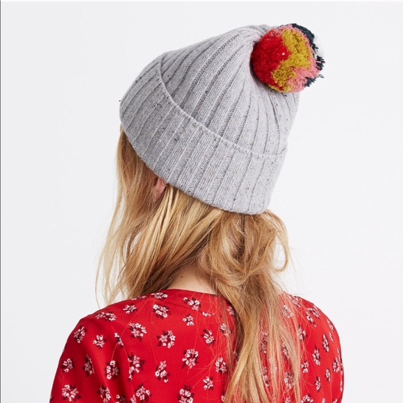 Madewell Rainbow Pom Pom Beanie Gray Holiday Hat - Picture 2 of 5